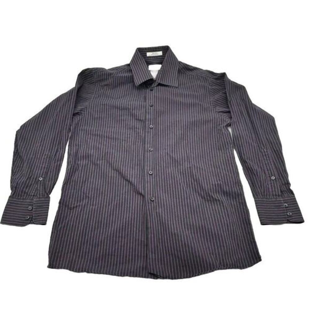 Calvin Klein Long Sleeve Button-Up Dress Shirt Men's XXL‎ Maroon Black Pinstripe